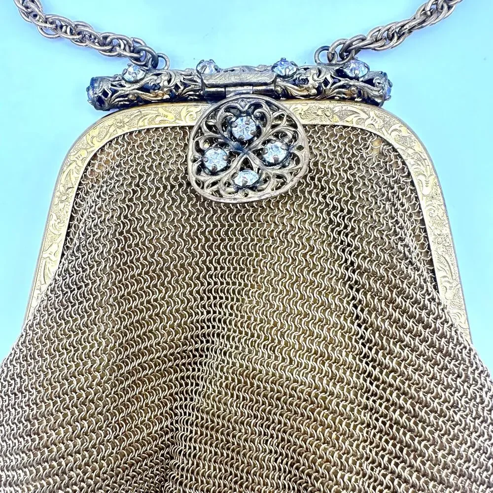 Made in US Zone Germany vintage gold tone mesh purse rhinestones wristlet bag